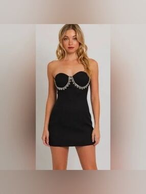 Le Lis Black Strapless Mini Dress with Crystal Fringe